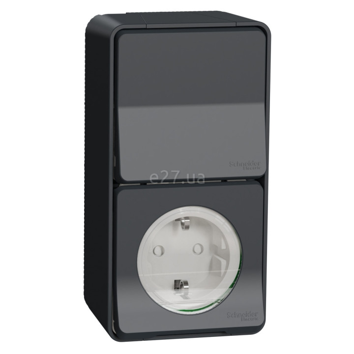 Розетка 220В з перемикачем прохідним 1-клавішним Schneider Electric MUR36024 Mureva Styl, чорний, пластик, із заземленням, Schuko, ip55, із захисною кришкою, зі шторками, без підсвітки та індикації, для накладного монтажу · Schneider Electric · schneider-electric-mur36024