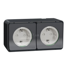 Розетка подвійна 220В Schneider Electric MUR36029 Mureva Styl, чорний, пластик, із заземленням, Schuko, ip55, із захисною кришкою, зі шторками, для накладного монтажу
