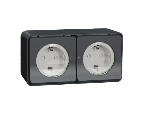 Розетка подвійна 220В Schneider Electric MUR36029 Mureva Styl, чорний, пластик, із заземленням, Schuko, ip55, із захисною кришкою, зі шторками, для накладного монтажу