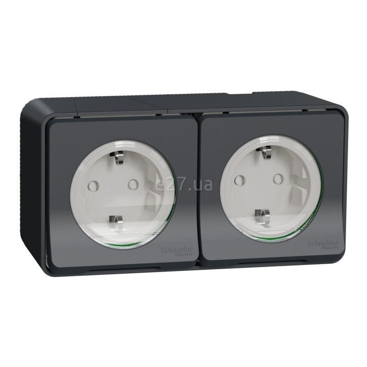 Розетка подвійна 220В Schneider Electric MUR36029 Mureva Styl, чорний, пластик, із заземленням, Schuko, ip55, із захисною кришкою, зі шторками, для накладного монтажу · Schneider Electric · schneider-electric-mur36029