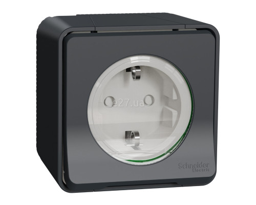 Розетка 220В Schneider Electric MUR36034 Mureva Styl, чорний, пластик, із заземленням, Schuko, ip55, із захисною кришкою, зі шторками, для накладного монтажу