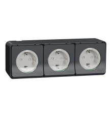 Розетка потрійна 220В Schneider Electric MUR36038 Mureva Styl, чорний, пластик, із заземленням, Schuko, ip55, із захисною кришкою, зі шторками, для накладного монтажу