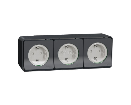Розетка потрійна 220В Schneider Electric MUR36038 Mureva Styl, чорний, пластик, із заземленням, Schuko, ip55, із захисною кришкою, зі шторками, для накладного монтажу