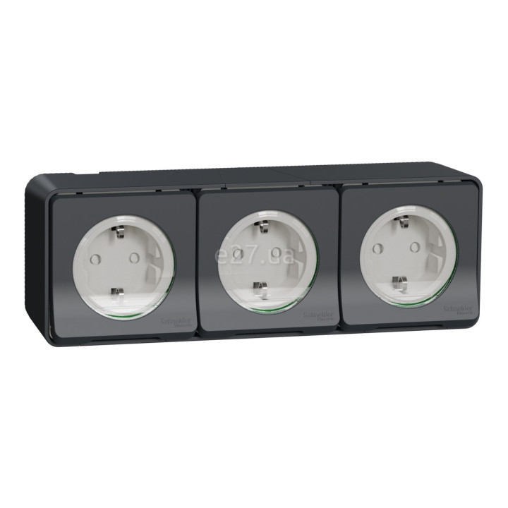 Розетка потрійна 220В Schneider Electric MUR36038 Mureva Styl, чорний, пластик, із заземленням, Schuko, ip55, із захисною кришкою, зі шторками, для накладного монтажу · Schneider Electric · schneider-electric-mur36038