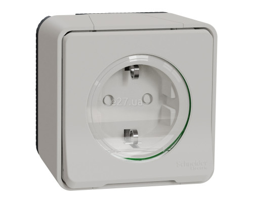 Розетка 220В Schneider Electric MUR39034 Mureva Styl, білий, пластик, із заземленням, Schuko, ip55, із захисною кришкою, зі шторками, для накладного монтажу