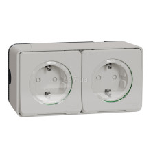 Розетка подвійна 220В Schneider Electric MUR39035 Mureva Styl, білий, пластик, із заземленням, Schuko, ip55, із захисною кришкою, зі шторками, для накладного монтажу