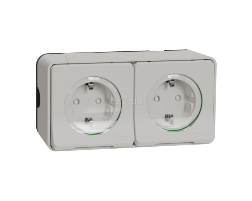 Розетка подвійна 220В Schneider Electric MUR39035 Mureva Styl, білий, пластик, із заземленням, Schuko, ip55, із захисною кришкою, зі шторками, для накладного монтажу
