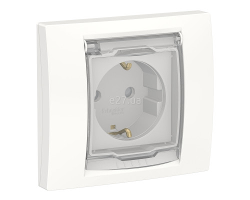 Розетка 220В Schneider Electric NU003718 Unica New, білий, пластик, із заземленням, Schuko, ip44, із захисною кришкою, зі шторками, для врізного монтажу