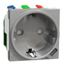 Розетка 220В з USB Schneider Electric NU301730 Unica New, 10A, алюміній, пластик, із заземленням, Schuko, ip20, без захисної кришки, зі шторками