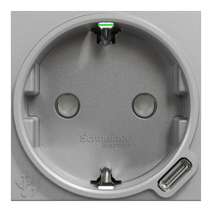 Розетка 220В з USB Schneider Electric NU301730 Unica New, 10A, алюміній, пластик, із заземленням, Schuko, ip20, без захисної кришки, зі шторками · Schneider Electric · schneider-electric-nu301730