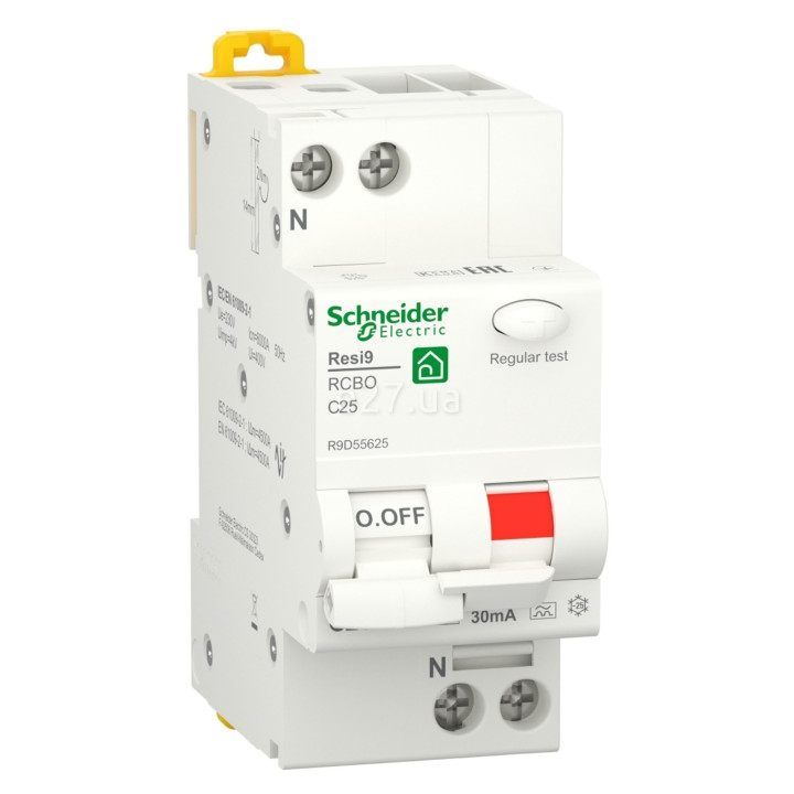 Диференціальний автомат Schneider Electric R9D55625 Resi9, 1P＋N, 25A, C, 6kA, 30mA, A, на DIN-рейку · Schneider Electric · schneider-electric-r9d55625
