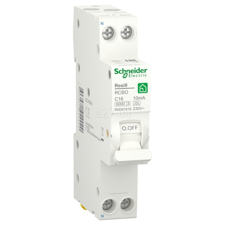 Диференціальний автомат Schneider Electric R9D81616 Resi9, 1P＋N, 16A, C, 6kA, 10mA, A, на DIN-рейку · Schneider Electric · schneider-electric-r9d81616