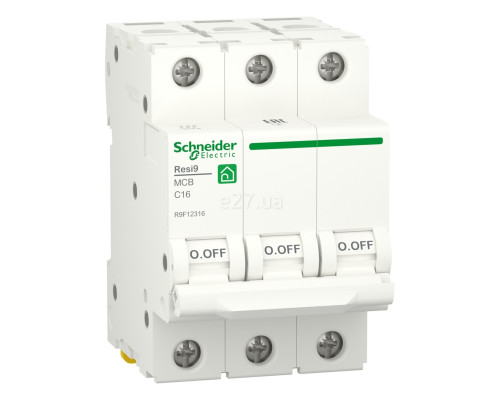 Автоматичний вимикач Schneider Electric R9F12316 Resi9, 3P, 16A, C, 6kA, на DIN-рейку