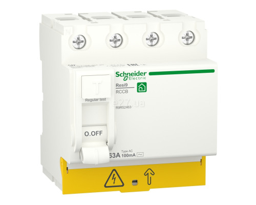 Вимикач диференціального струму, УЗО Schneider Electric R9R52463 Resi9, 4P, 63A, 100mA, AC, на DIN-рейку