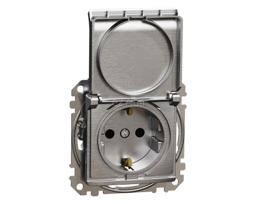 Розетка 220В Schneider Electric SDD170024 Sedna Elements, 16A, матовий алюміній, пластик, із заземленням, Schuko, ip20, із захисною кришкою, зі шторками, для врізного монтажу