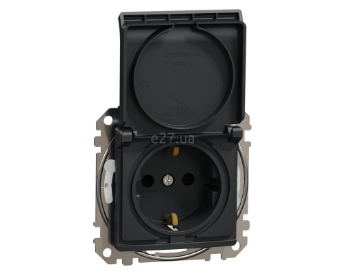 Розетка 220В Schneider Electric SDD214024 Sedna Design, чорний, пластик, із заземленням, Schuko, ip44, із захисною кришкою, зі шторками, для врізного монтажу