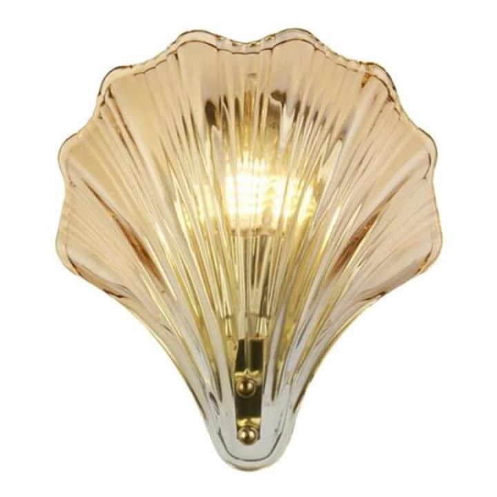 Бра Searchlight 28980SB Shell 1Lt Wall Light, Satin Brass Metal & Amber Glass IP44 · Searchlight · searchlight-28980sb