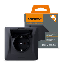 Розетка 220В Videx 24474 Binera VF-BNSK1GC-BG, чорний графіт, пластик, із заземленням, Schuko, із захисною кришкою, без шторок, для врізного монтажу