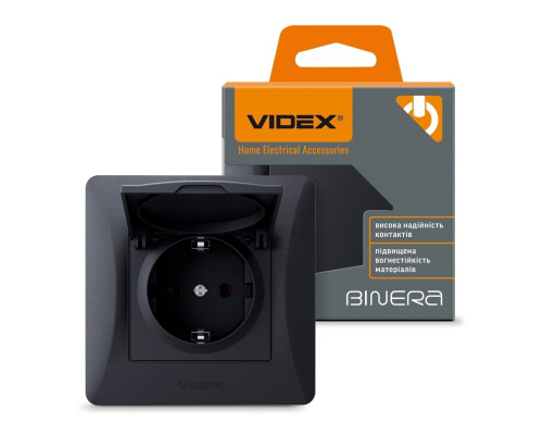 Розетка 220В Videx 24474 Binera VF-BNSK1GC-BG, чорний графіт, пластик, із заземленням, Schuko, із захисною кришкою, без шторок, для врізного монтажу
