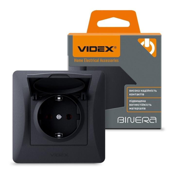 Розетка 220В Videx 24474 Binera VF-BNSK1GC-BG, чорний графіт, пластик, із заземленням, Schuko, із захисною кришкою, без шторок, для врізного монтажу · VIDEX · videx-vf-bnsk1gc-bg