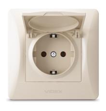 Розетка 220В Videx 24695 Binera VF-BNSK1GC-CR, кремовий, пластик, із заземленням, Schuko, із захисною кришкою, без шторок, для врізного монтажу