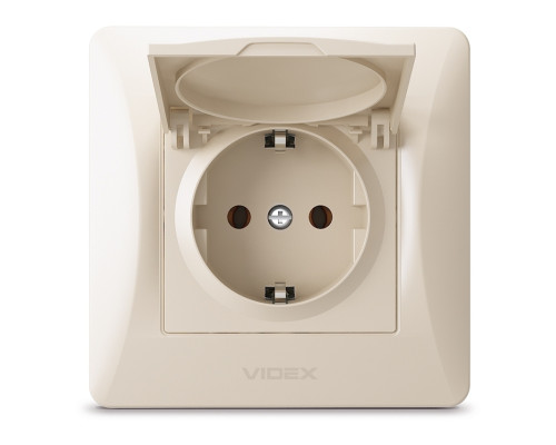 Розетка 220В Videx 24695 Binera VF-BNSK1GC-CR, кремовий, пластик, із заземленням, Schuko, із захисною кришкою, без шторок, для врізного монтажу