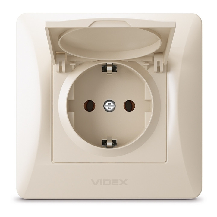 Розетка 220В Videx 24695 Binera VF-BNSK1GC-CR, кремовий, пластик, із заземленням, Schuko, із захисною кришкою, без шторок, для врізного монтажу · VIDEX · videx-vf-bnsk1gc-cr
