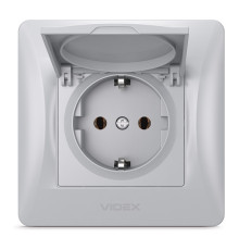 Розетка 220В Videx 24900 Binera VF-BNSK1GC-SS, срібний шовк, пластик, із заземленням, Schuko, із захисною кришкою, без шторок, для врізного монтажу