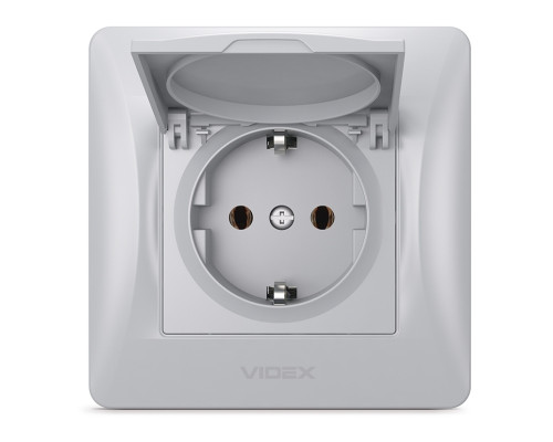 Розетка 220В Videx 24900 Binera VF-BNSK1GC-SS, срібний шовк, пластик, із заземленням, Schuko, із захисною кришкою, без шторок, для врізного монтажу