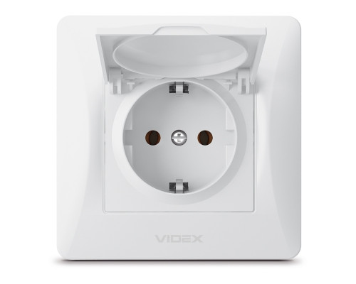 Розетка 220В Videx 24436 Binera VF-BNSK1GC-W, білий, пластик, із заземленням, Schuko, із захисною кришкою, без шторок, для врізного монтажу