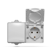 Розетка 220В з вимикачем 1-клавішним Videx 25187 Binera IP65 VF-BNW3-G, сірий, пластик, із заземленням, Schuko, ip65, із захисною кришкою, без шторок, без підсвітки та індикації, для накладного монтажу