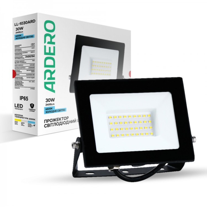 Світлодіодний прожектор Ardero LL-1030ARD 30Вт 6500K IP65 чорний · svitlodiodnij-progektor-ardero-ll-1030ard-30vt-6500k-ip65-chorni