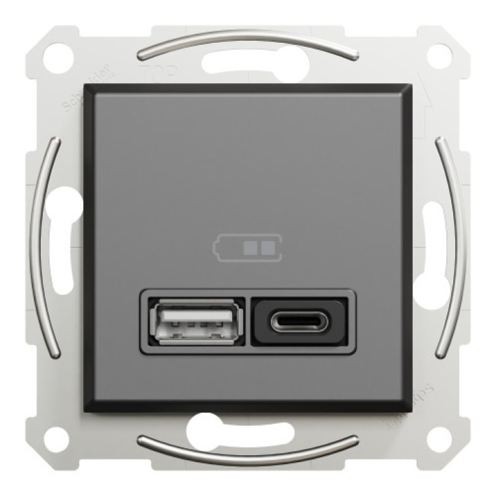Розетка Schneider Electric Asfora Plus 2xUSB A+C 3А 21 Вт антрацит · Schneider Electric · uk/rozetka-schneider-electric-asfora-plus-2xusb-a-c-3a-21-vt-ant