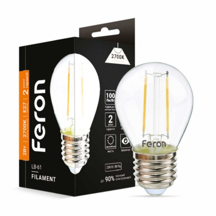 світлодіодна лампа Feron Filament LB-61 2Вт E27 2700K прозрачная · Feron · feron-01865