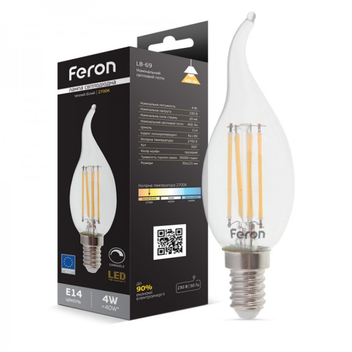світлодіодна лампа Feron Filament LB-69 4Вт E14 2700K свеча на ветру · Feron · feron-25653