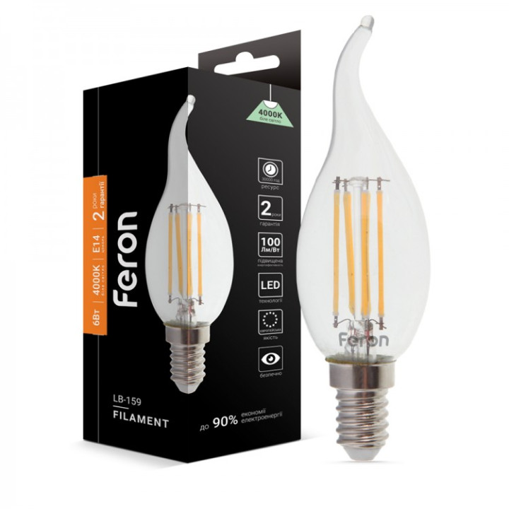 світлодіодна лампа Feron Filament LB-159 6Вт E14 4000K свеча на ветру · Feron · feron-25751