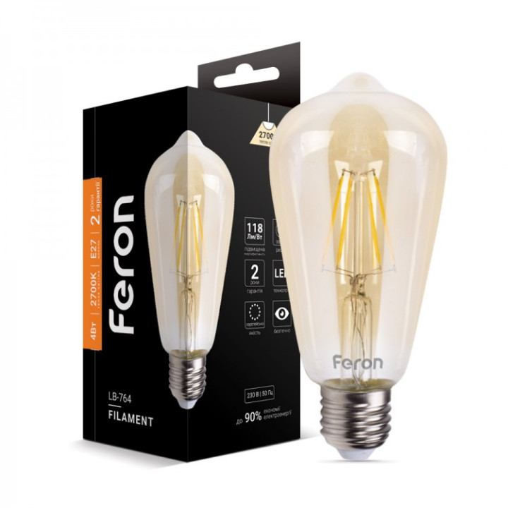 світлодіодна лампа Feron Filament LB-764 4Вт E27 2700K EDISON ST64 золото · Feron · feron-25857