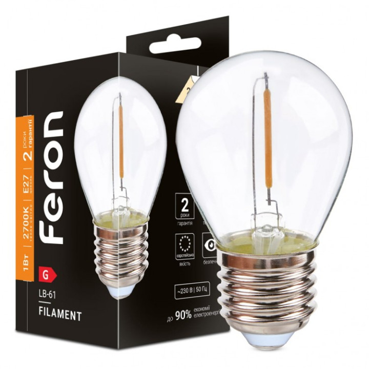 світлодіодна лампа Feron Filament LB-61 1Вт E27 2700K прозрачная · Feron · feron-81053