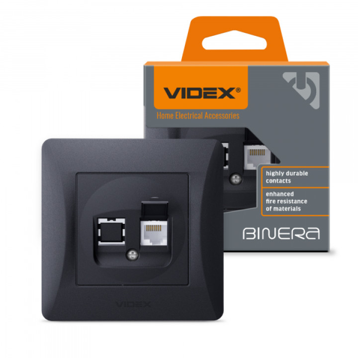 Розетка CAT6 одинарна комп'ютерна чорний графіт VIDEX BINERA · VIDEX · 24468