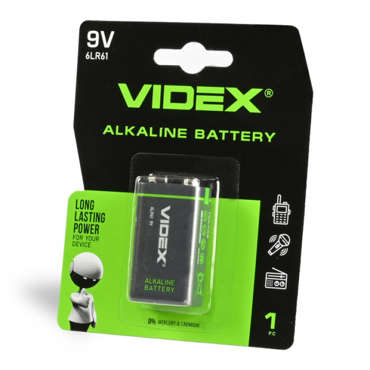 Батарейка лужна Videx 6LR61/9V (Крона) 1шт BLISTER · VIDEX · 23235