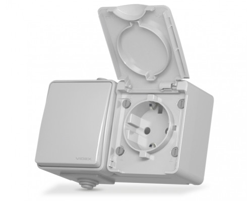 IP65 Розетка зовнішня одинарна із заземленням та вимикачем одноклавішним сіра VIDEX BINERA
