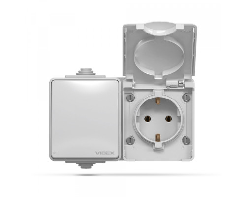 IP65 Розетка зовнішня одинарна із заземленням та вимикачем одноклавішним сіра VIDEX BINERA