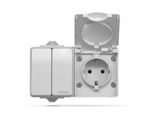 IP65 Розетка зовнішня одинарна із заземленням та вимикачем двоклавішним сіра VIDEX BINERA