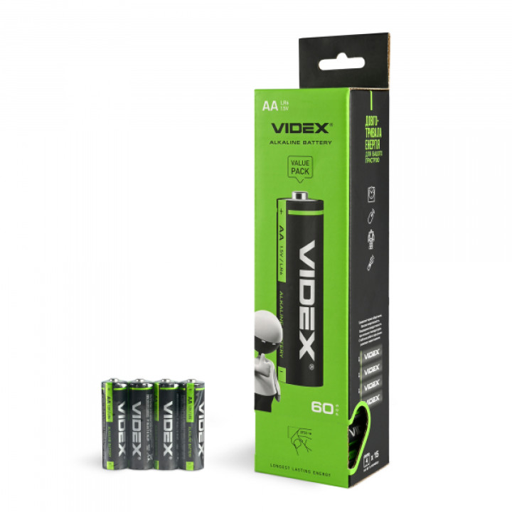 Батарейка лужна Videx LR6/AA 4шт SHRINK · VIDEX · 25468
