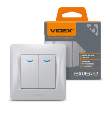 Вимикач двоклавішний з підсвіткою срібний шовк VIDEX BINERA
