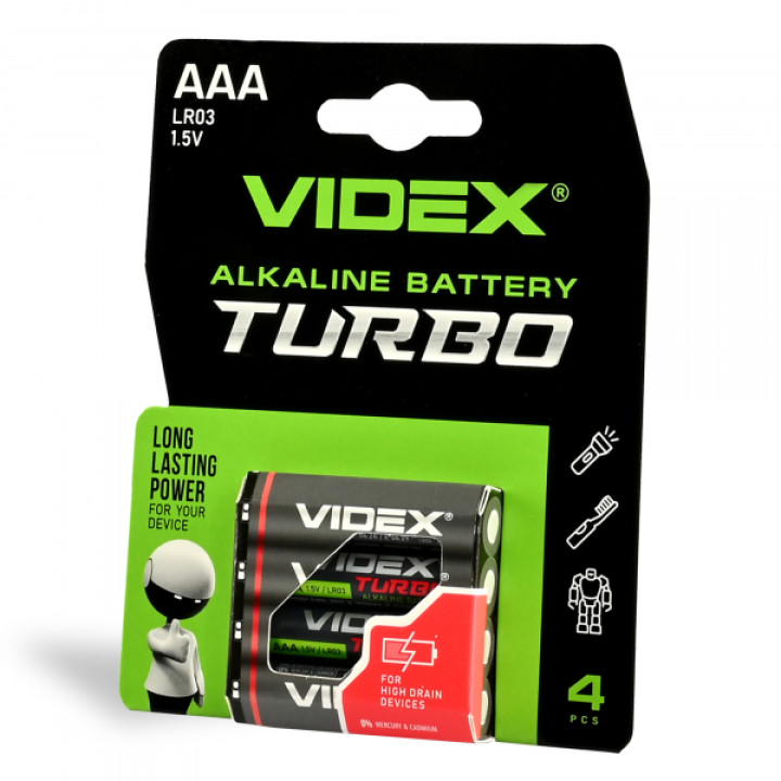 Батарейка лужна Videx LR03/AAA Turbo 4шт BLISTER ціна за 1 шт · VIDEX · 27021