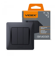 Вимикач трьохклавішний чорний графіт VIDEX BINERA