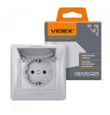 Розетка одинарна із заземленням та кришкою срібний шовк VIDEX BINERA