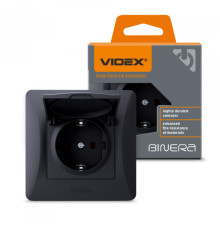 Розетка одинарна із заземленням та кришкою чорний графіт VIDEX BINERA