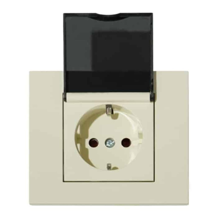 Розетка одинарна з заземленням з кришкою та шторками кремова GRANO · HOROZ ELECTRIC · horoz-400-020300-243